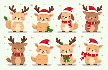 Obraz premium Christmas collection with cute animals: bear, fox, squirrel, bird, Santa Claus, Snowman and christmas decorative elements