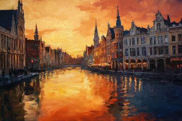 Fototapeta premium oil painting on paper of Belgium at sunset