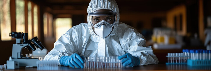 A laboratory technician in full protective clothing is meticulously examining test samples at a research facility during the afternoon