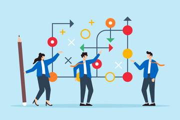 Flat illustration of business team plans for success with tactic chart strategy to overcome obstacles and achieve goals