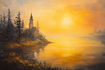 oil painting on paper of Belarus at sunrise