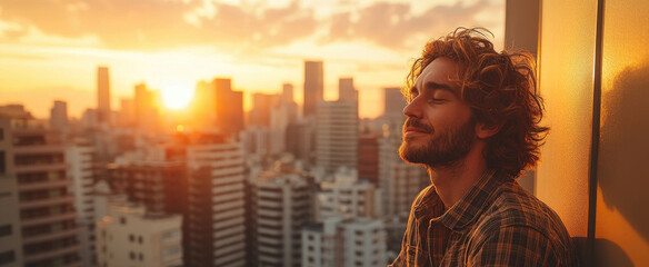 A man sits peacefully on a ledge, basking in the warm glow of the sunset as the city skyline glimmers below