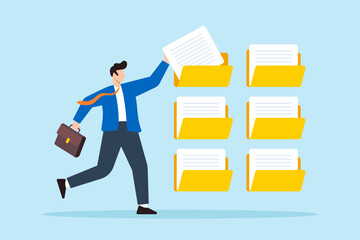 Flat illustration of businessman organizes documents into archive folders illustrating file management and administrative work