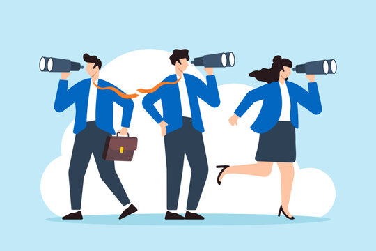 Flat illustration of business people use binoculars to search for new job opportunities inspecting for future career development