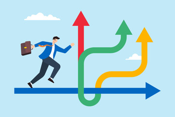 Flat illustration of businessman runs towards different arrow pathways making career decisions for future growth and success