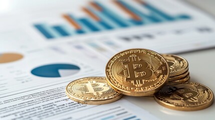 Golden Bitcoins on Financial Report Background