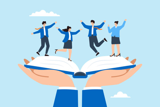Flat illustration of businessman holds employee handbook providing onboarding procedures to new hires for company success