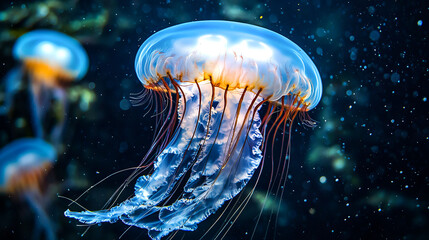 Ethereal jellyfish floating in deep blue water.