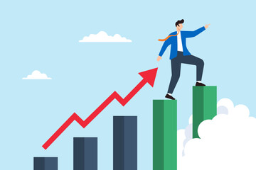 Flat illustration of businessman steps on rising graph looking for next goal and motivating for future success