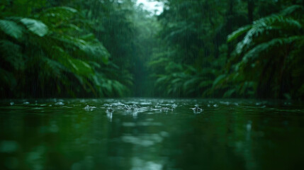 Fototapeta premium Gentle raindrops fall onto the surface of a serene river, surrounded by vibrant green foliage in a peaceful forest