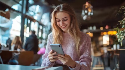 Happy Woman Using Smartphone in Café