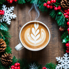 Christmas still life decorations with a cup of coffee