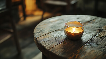 Glass jar with candle on rustic wooden coffee table