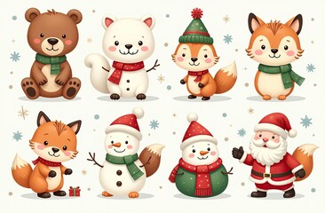 Christmas collection with cute animals: bear, fox, squirrel, bird, Santa Claus, Snowman and christmas decorative elements