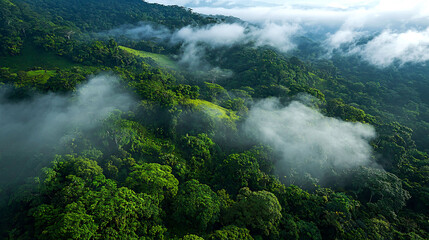 Lush green forest with misty clouds above.
