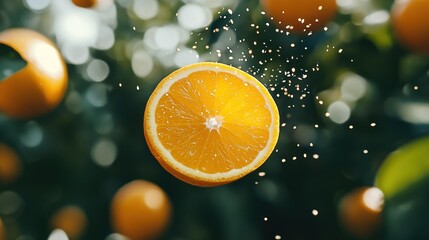 Fresh Orange Slice in Green Orchard Background