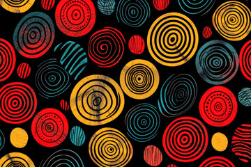 Colorful pattern of circles and squares. The circles are red, yellow, and blue. The squares are black. The pattern is abstract and has a playful, whimsical feel to it