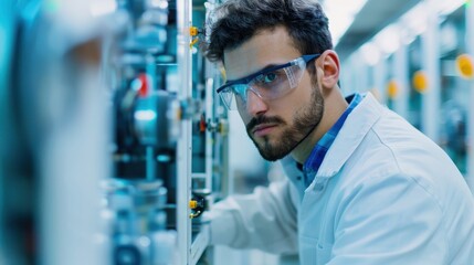 Focused scientist wearing safety glasses works in a lab, surrounded by high-tech equipment, ensuring precision and safety in research.