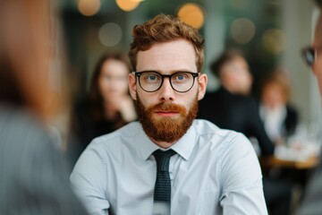 Fototapeta premium Confident young man with glasses and beard sits in a modern office setting, surrounded by colleagues, focused and professional.