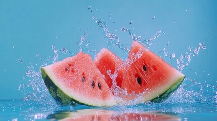 Fresh watermelon slices splashing water on a vibrant blue background
