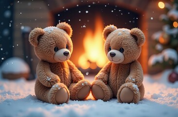 Two cute teddy bears sitting on a snowy surface in front of a warm fireplace, with falling snowflakes