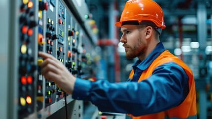Engineer in orange safety vest and hard hat operating industrial control panel in factory setting, focusing on technology and machinery.
