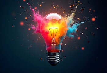 Creative light bulb explosion with splashes of yellow, blue and pink paint on a black background. Think differently, creative idea. Brainstorm
