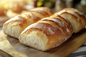 Fototapeta premium Close-up of two freshly baked loaves of crusty sourdough bread on a wooden cutting board.