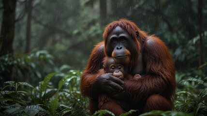 A mother orangutan cradles her young baby in her arms, looking out with a concerned expression, in a lush rainforest setting.