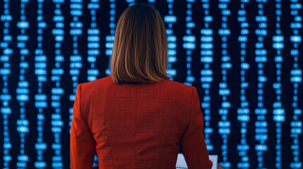 A person in a red outfit stands before a digital backdrop of blue vertical lines, suggesting themes of technology and data.