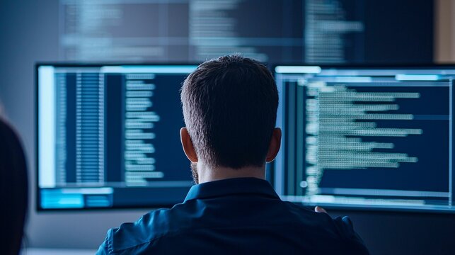 A programmer working at dual monitors, focusing on lines of code in a digital workspace.