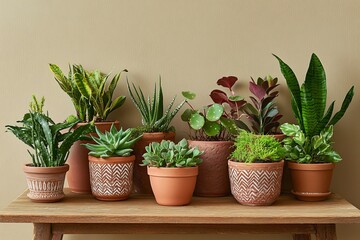 Obraz premium A beautiful arrangement of diverse potted plants on a stylish wooden table in a serene indoor setting