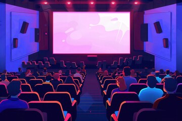 People are seated comfortably, absorbed in a film presented on a large screen in a warm and inviting movie theater setting. Generative AI