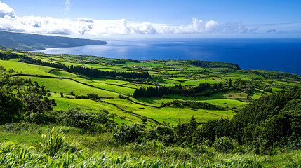 Obraz premium Scenic coastal landscape with lush greenery.