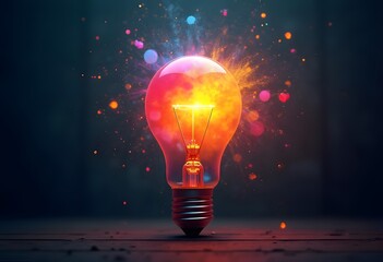 Creative light bulb explosion with splashes of yellow, blue and pink paint on a black background. Think differently, creative idea. Brainstorm
