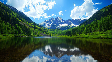 Fototapeta premium Scenic mountain lake reflecting a vibrant landscape.
