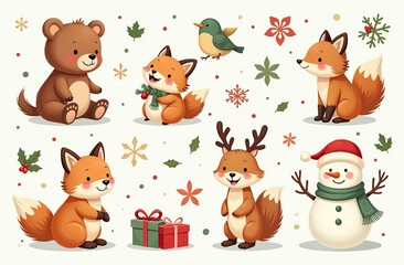 Christmas collection with cute animals: bear, fox, squirrel, bird, Santa Claus, Snowman and christmas decorative elements