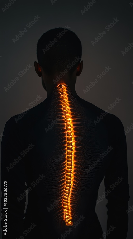Poster Man is posing with a glowing spine, representing back pain and spinal problems. The image evokes the need for medical care and pain relief