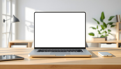 Fototapeta premium Laptop with a blank screen on a table in a bright home office. Perfect for inserting your own content. 3d render isolated with white highlights, png