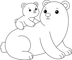 Polar bear and baby outline coloring page. Christmas and Winter Animal Illustration