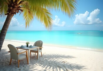 Obraz premium Tranquil beach scene. Panoramic tropical beach landscape for background or wallpaper, two lounge chairs with umbrella. Design of summer vacation holiday concept 