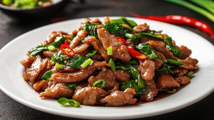 Fototapeta premium Delicious Stir-Fried Beef with Vegetables on Plate