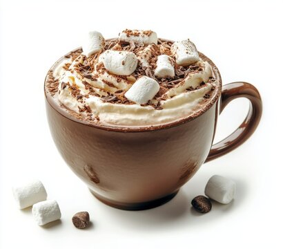 Cozy cup of hot chocolate topped with marshmallows on a white background