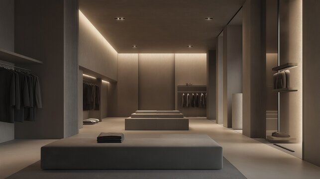 A walk-in closet dressing area with a sleek minimalist aesthetic. - Powered by Adobe