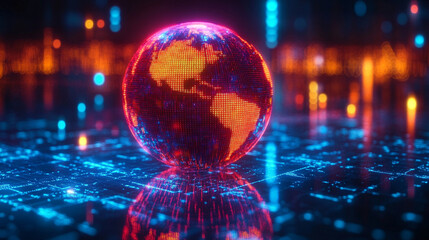 holographic globe displaying a world map illuminated by glowing data points, symbolizing global connectivity, technological advancement, and the digital representation of geographic information