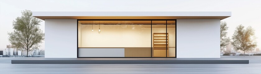 A modern minimalist storefront with a white facade and a flat roof.