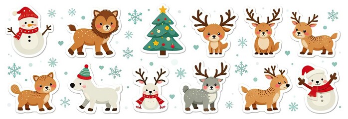 Christmas collection with cute animals: bear, fox, squirrel, bird, Santa Claus, Snowman and christmas decorative elements