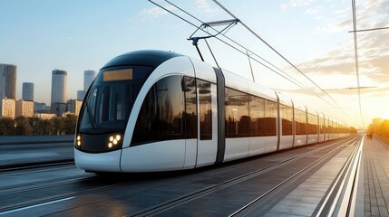 Naklejka premium Modern white tram on tracks with overhead power lines