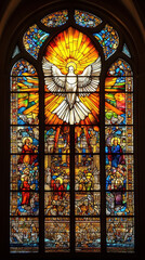 Fototapeta premium Stained glass window featuring vibrant colors and intricate designs, showcasing dove symbolizing