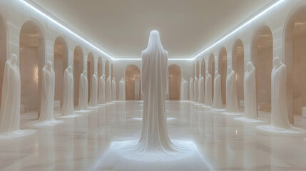 White Cloaked Figures in an Arched Hallway - 3D Illustration